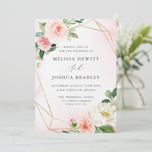 Roze & Goud Geometrische Bloemen Huwelijksuitnodig Kaart (Staand voorkant)