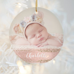 Roze Goud Glam Douane Meisje Baby Foto Persoonlijk Keramisch Ornament
