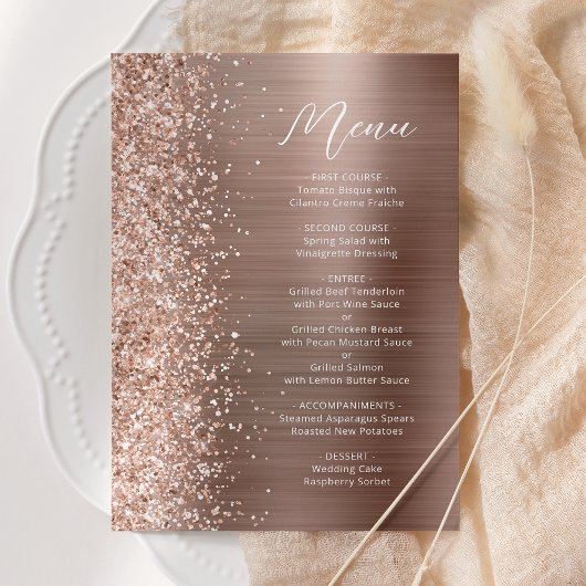 Roze Goud Glam Glitter Script Bruiloft Menu