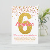 Roze Goud Glitter Confetti Meisje Zesde Verjaardag Kaart (Staand voorkant)