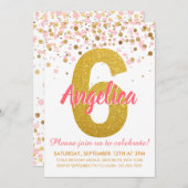 Roze Goud Glitter Confetti Meisje Zesde Verjaardag Kaart (Voorkant / Achterkant)