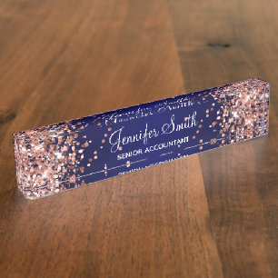 Roze Goud Glitter Donkerblauwe Gradiënt Naambordje