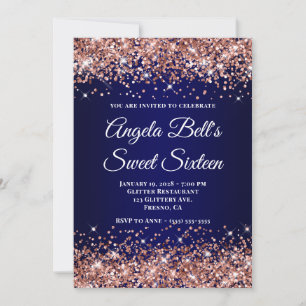 Roze Goud Glitter Donkerblauwe Ombre Sweet Sixteen Kaart