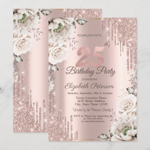 Roze Goud, Glitter Druppels, Witte Bloemen 25ste Kaart