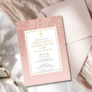 Roze Goud Glitter Eerste Heilige Communie Kaart