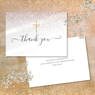 Roze Goud Glitter Gouden Kruisbeeld Script Bedankkaart