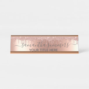 Roze Goud Glitter look Drips Handgeschreven Bureau Naambordje