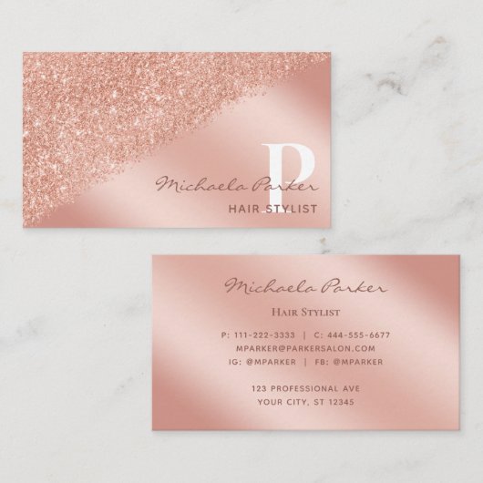 Roze Goud Glitter Monogram Haarstylist Trendy Visitekaartje (Voorkant / Achterkant)