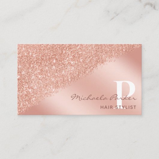 Roze Goud Glitter Monogram Haarstylist Trendy Visitekaartje (Voorkant)