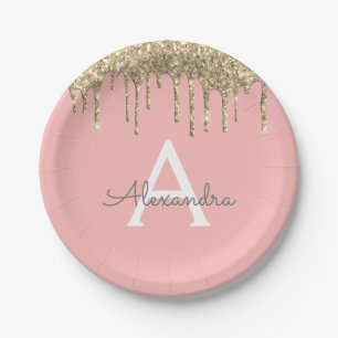 Roze Goud Glitter Monogram Verjaardag Papieren Bordje