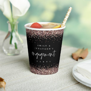Roze Goud Glitter Namen Verlovingsfeest Zwart Papieren Bekers