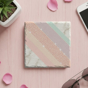 Roze Goud Glitter Pastel Marmer Diagonale Strepen Stenen Onderzetter