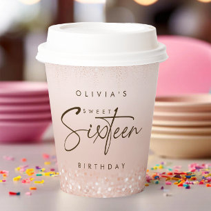 Roze Goud Glitter Sweet 16 Verjaardagsfeestje Papieren Bekers