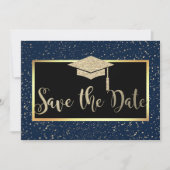 Roze goud glitters donkerblauw afstudeer uitnodigi save the date (Voorkant)