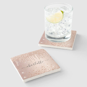Roze goud glitterscript met naam stenen onderzetter