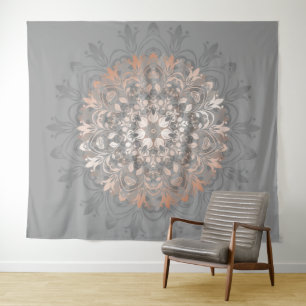 Roze Goud Grijs Bloem Motief Mandala Wandkleed