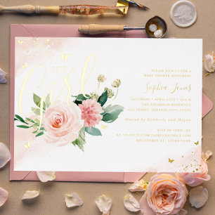 Roze Goud Het Is Een Meisje Baby Shower Folie Uitnodiging