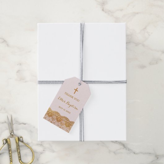 Roze Goud Kant Meisje Dank U Doop Labels Cadeaulabel (Met Touw)