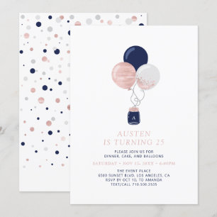 Roze Goud & Marine Blauwe Ballonnen Moderne Verjaa Kaart
