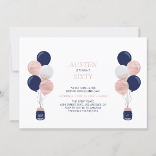 Roze Goud & Marine Blauwen Ballonnen Modern 30 Ver Kaart