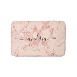 Roze Goud Marmer 8, Glitters, Zwarte Script Naam Badmat