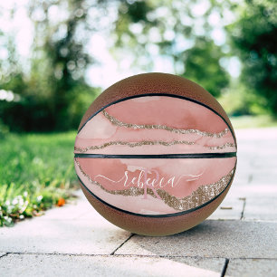 Roze Goud Marmer Monogram Calligrafie Schrift Naam Basketbal
