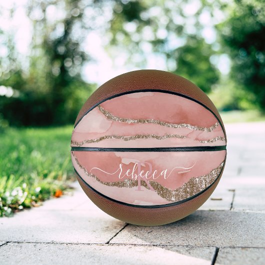 Roze Goud Marmer Monogram Calligrafie Schrift Naam Basketbal