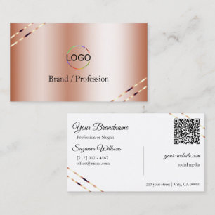 Roze Goud met Glanzende Lijnen Logo en QR-code Visitekaartje