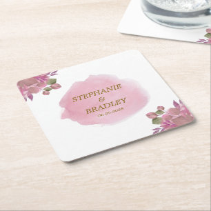Roze Goud Modern Elegant Bloemen Waterverf bruilof Vierkante Kartonnen Onderzetter