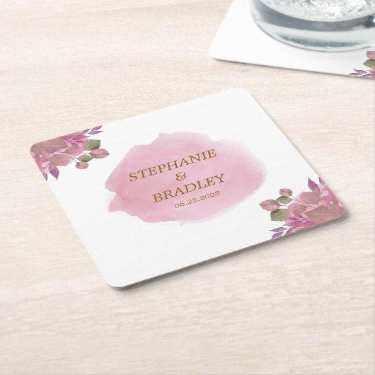 Roze Goud Modern Elegant Bloemen Waterverf bruilof Vierkante Kartonnen Onderzetter (Schuin)