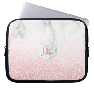 Roze Goud Monogram+ Sneeuw Bokeh + Marmer Laptop Sleeve