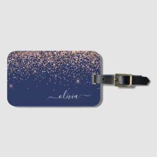 Roze Goud Navy Blauwe Glitter Monogram Bagagelabel