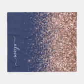 Roze Goud Navy Blauwe Glitter Monogram Fleece Deken (Voorkant (Horizontaal))
