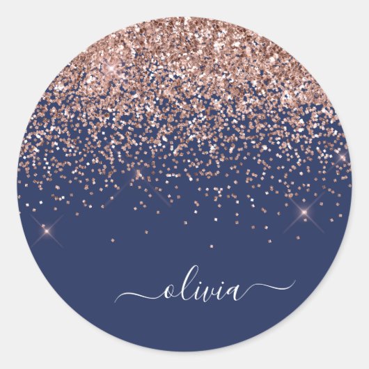 Roze Goud Navy Blauwe Glitters Monogram Ronde Sticker (Voorkant)