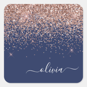 Roze Goud Navyblauw Glitter Monogram Vierkante Sticker