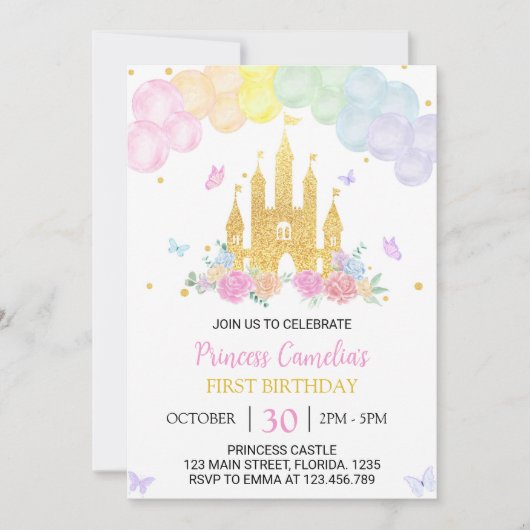 Roze Goud Prinses Kasteel 1e Verjaardag Uitnodigin Kaart (Voorkant)