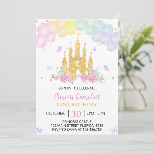 Roze Goud Prinses Kasteel 1e Verjaardag Uitnodigin Kaart (Staand voorkant)