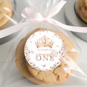 Roze Goud Prinses Kroon 1e Verjaardag Blush Bloeme Ronde Sticker