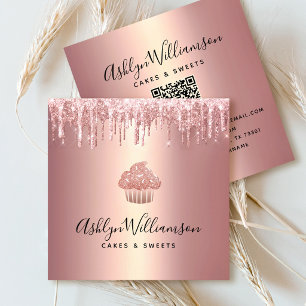 Roze Goud QR Code Cupcake Glitter Drips Bakkerij Vierkante Visitekaartje