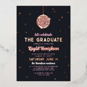 Roze Goud Retro Discoball Flares Afstudeerfeest Folie Uitnodiging