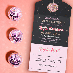 Roze Goud Retro Discoball Flares Sweet 16 Party All In One Uitnodiging