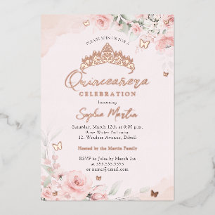 Roze Goud Roze Bloeiende Vlinder Quinceanera Folie Uitnodiging