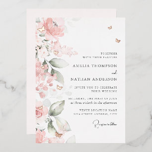Roze Goud Roze Bloemvlinder Bruiloft Folie Uitnodiging