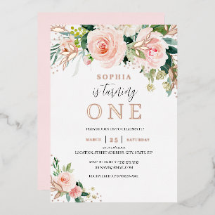 Roze Goud Roze Blush Bloemen Meisje 1e Verjaardag Folie Uitnodiging