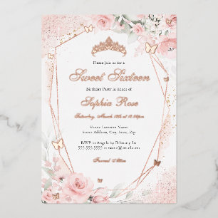 Roze goud Roze Blush Vlinder Bloem Zoete 16 Folie Uitnodiging