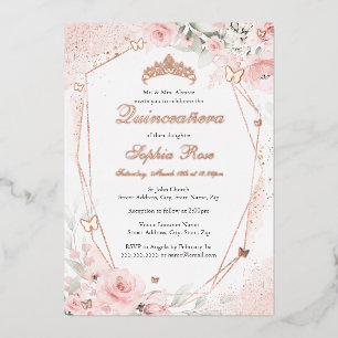 Roze Goud Roze Blush Vlinder Bloemige Quinceanera Folie Uitnodiging