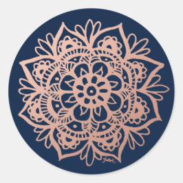 Roze Goud Roze Donkerblauwe Mandala Bloem Ronde Sticker