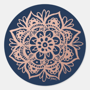 Roze Goud Roze Donkerblauwe Mandala Bloem Ronde Sticker
