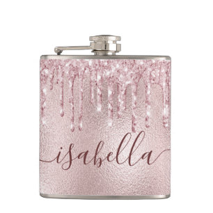 Roze goud roze glinster druppels monogram schrift heupfles