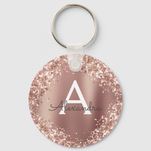 Roze Goud Roze Glitter Glans Monogram Sleutelhanger
